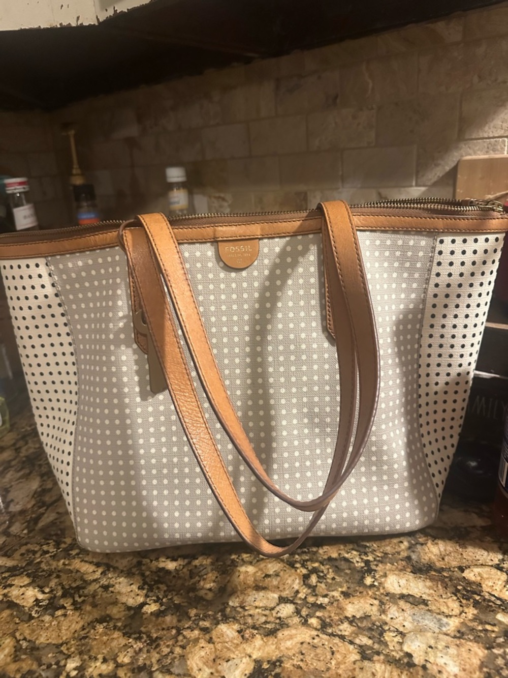 Fossil Cream Polka Dot Tote with Tan Leather Trim